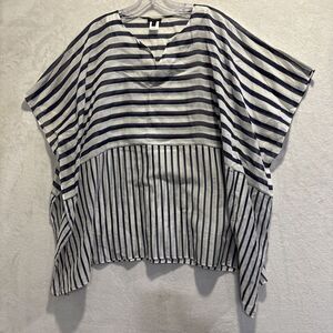 Talbots Navy Blue White Stripe Sheer Flutter Sleeve Kaftan Top Large Silk Blend